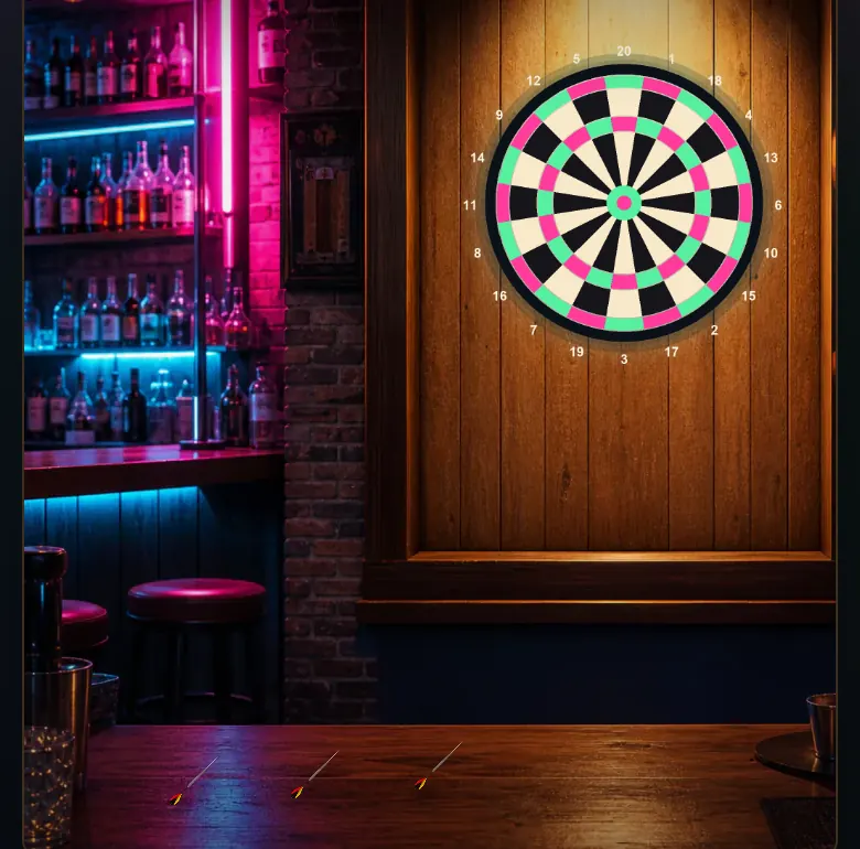 Bảng tiêu trên tường gỗ dưới ánh đèn neon của quán bar