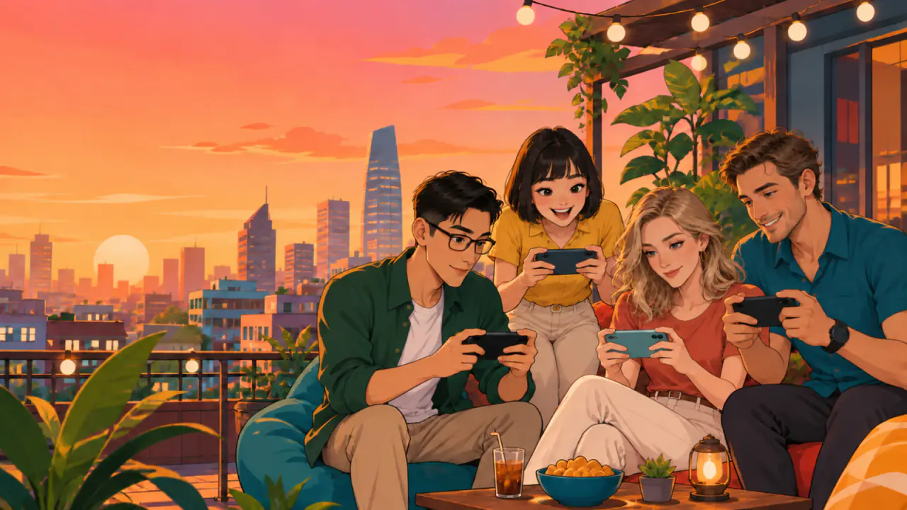 Nhóm bạn trẻ cùng chơi game trên điện thoại