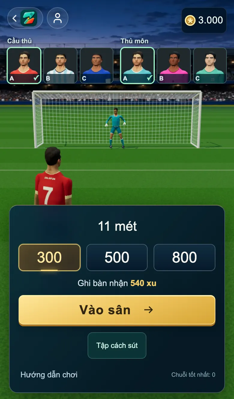 Màn hình chuẩn bị của 11 mét: chọn cầu thủ và thủ môn, sân đấu 3D phía sau